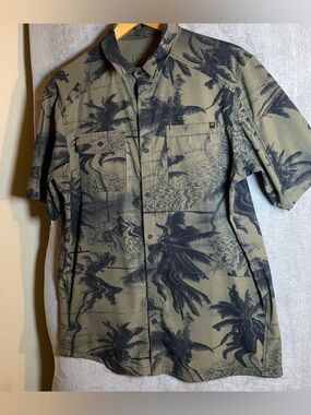 Fox Olive Green and Black Tropical Print Short Sleeve Shirt Vacation Beach L